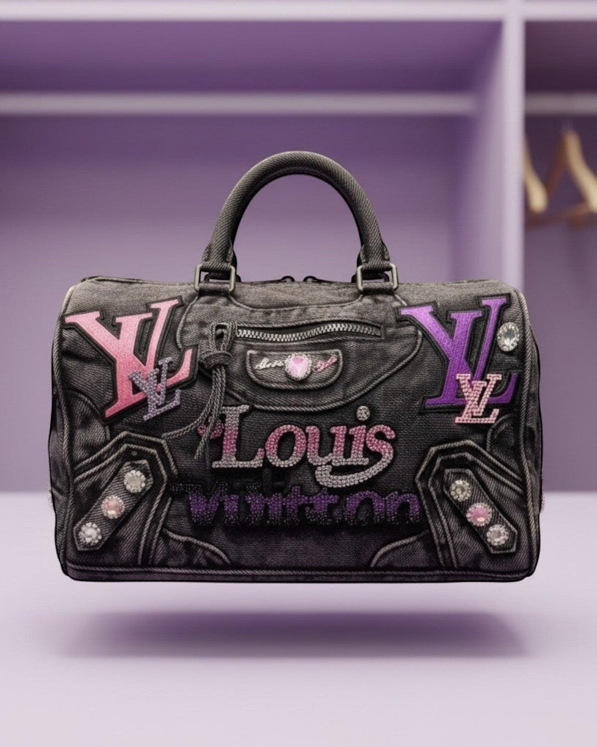 Legacy Dealz purple denim speedy bag with rhinestone  logo and  accents.