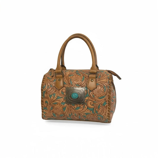 Legacy Dealz tan leather satchel with Western tooling, turquoise accents, and silver concho with turquoise stone.