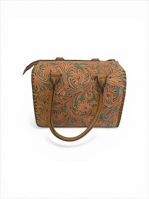 Legacy Dealz tan leather satchel with intricate floral tooling and turquoise accents. Boston bag silhouette with top handles.
