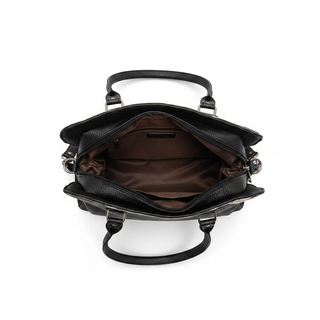 Legacy Dealz Wyatt black leather and cowhide crossbody bag with bow accent, zipper closure, and detachable strap.