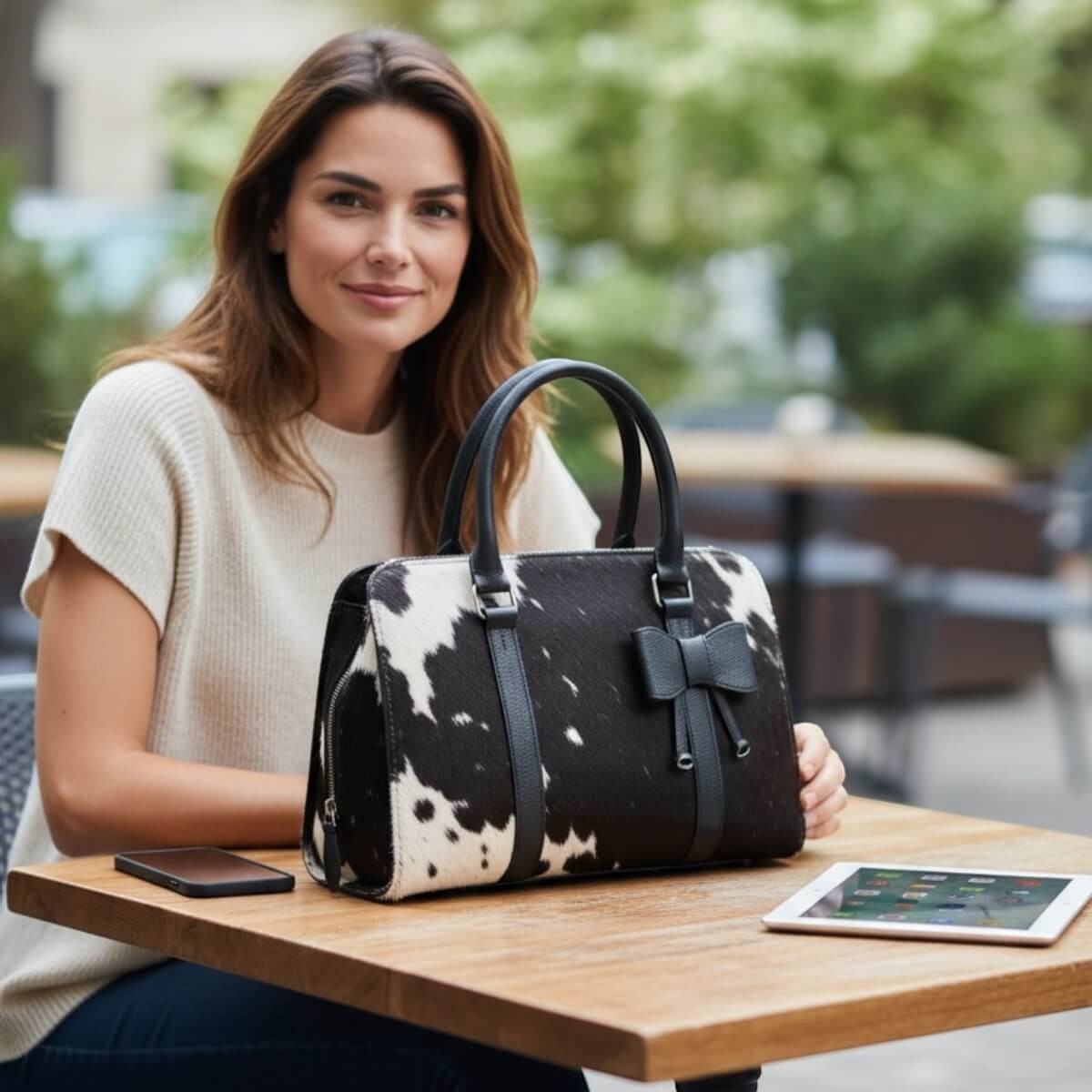 Legacy Dealz Wyatt Bow Bag: Black and white cowhide leather crossbody with bow accent and top handles.