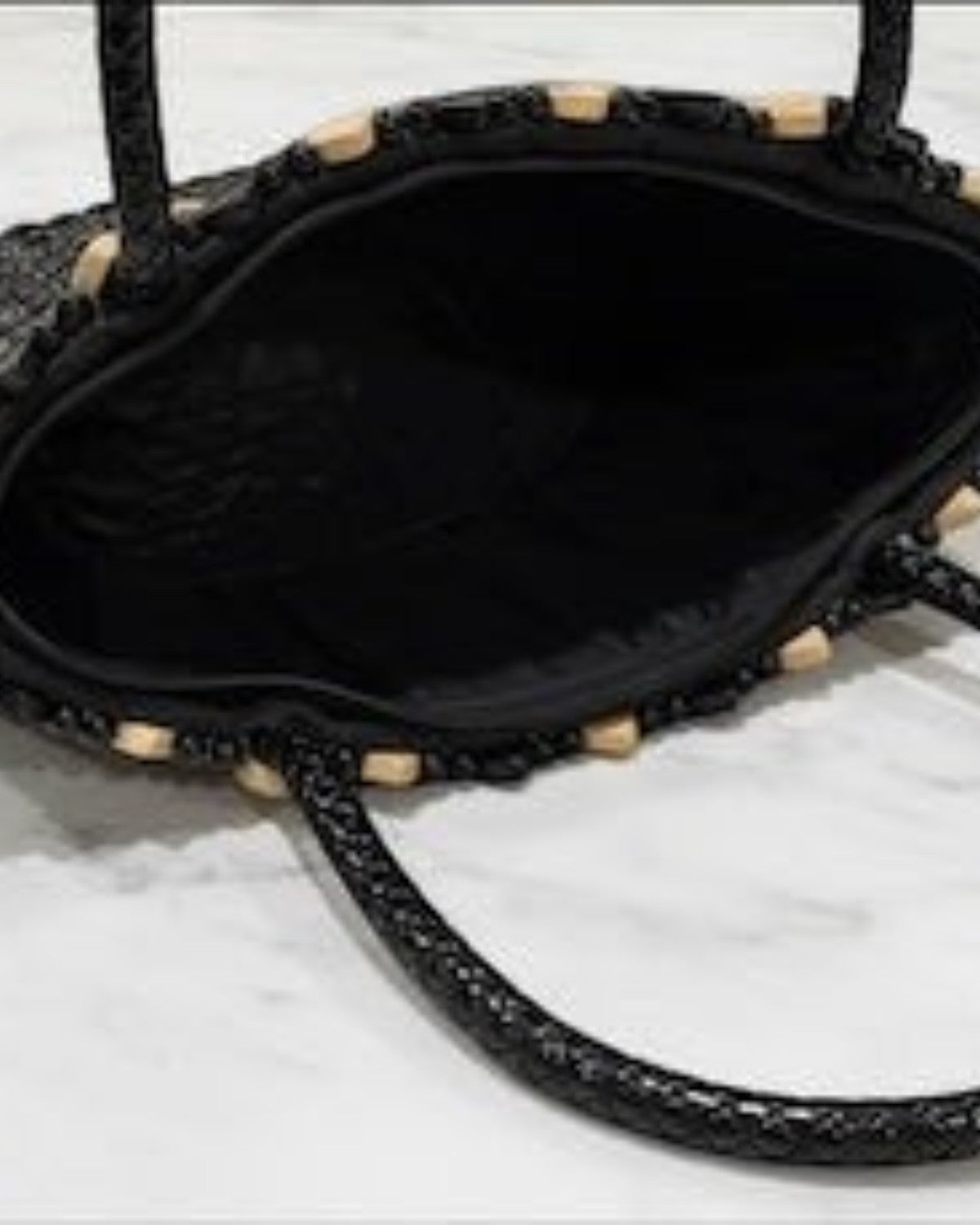 Legacy Dealz Annie black & cream handcrafted leather tote with wood appliqué. Statement bucket handbag for women.