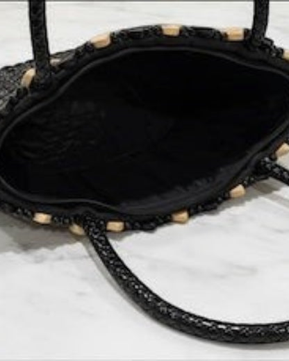 Legacy Dealz Annie black & cream handcrafted leather tote with wood appliqué. Statement bucket handbag for women.