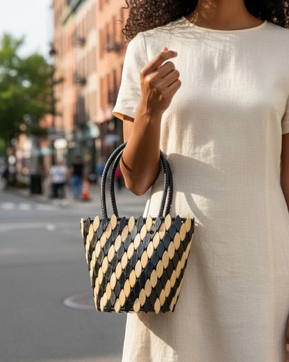 Legacy Dealz Annie handcrafted black and cream leather and wood bucket tote bag with unique appliqué.