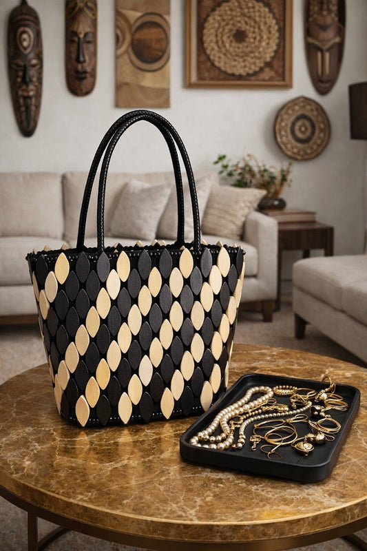 Legacy Dealz black and cream handcrafted leather tote bag with wood appliqué. Statement bucket style.