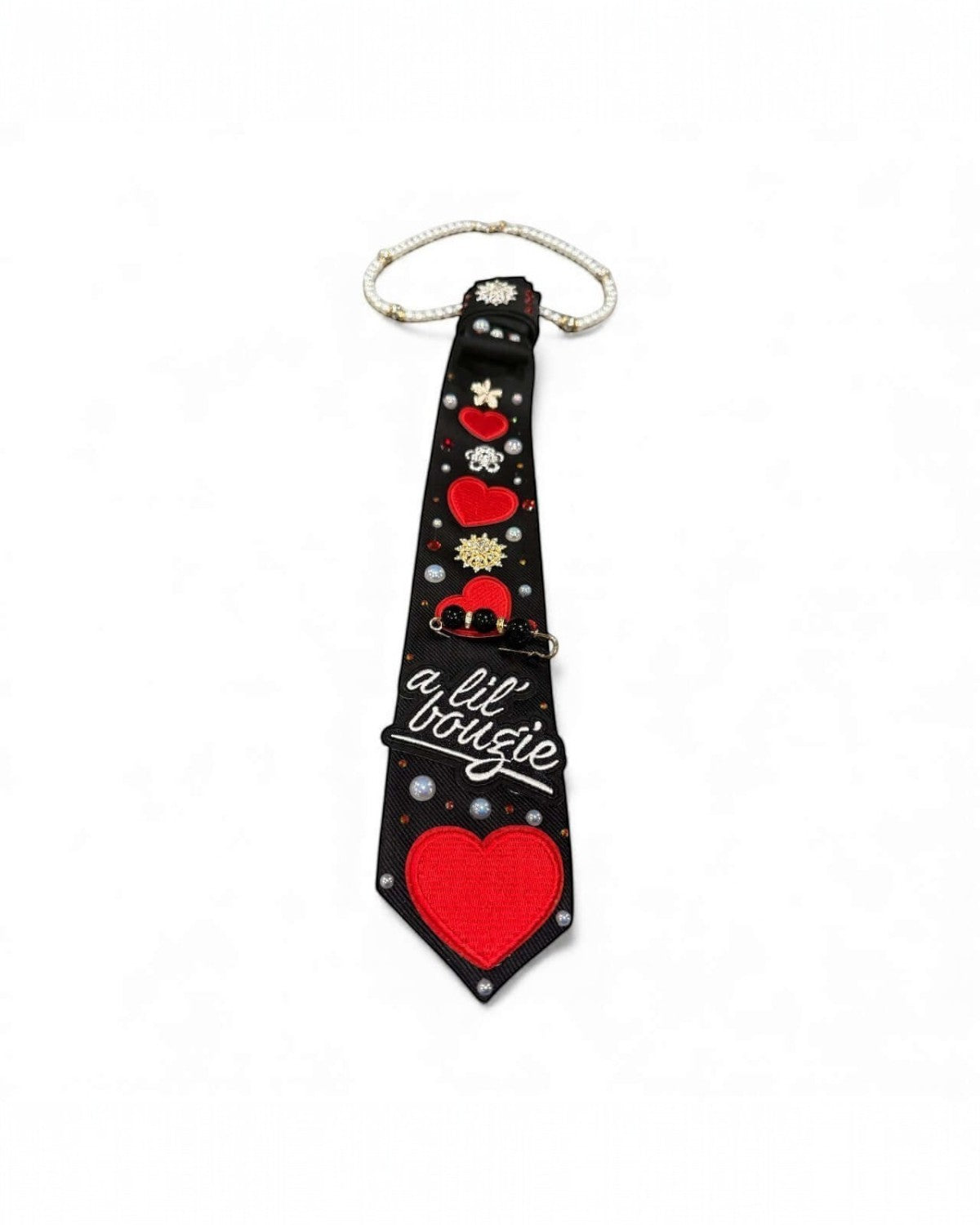 Legacy Dealz black tie with red heart appliques, pearls, and "a lil bougie" script.