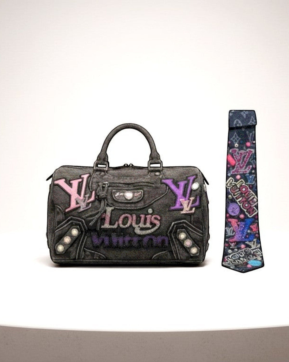 Legacy Dealz charcoal denim duffel bag and tie set with purple, pink, and crystal logo accents.