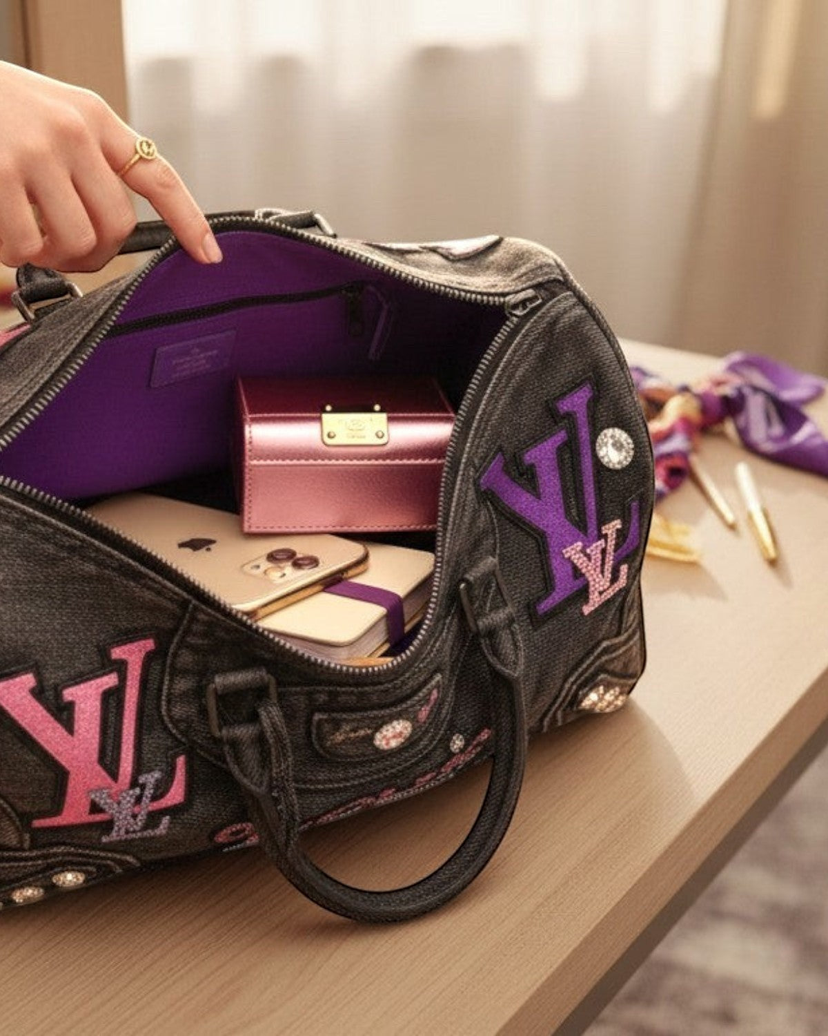 Legacy Dealz charcoal denim duffel bag with purple and pink logos, crystal accents, and a matching tie. Spacious and stylish.