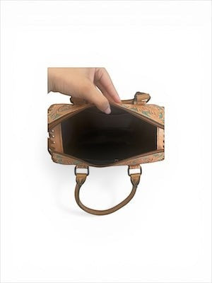 Legacy Dealz tan leather satchel with turquoise accents and Western tooling. One-of-a-kind Boston bag.