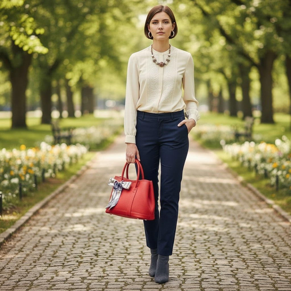 Legacy Luxe red leather-like tote bag with silk scarf bow detail, structured silhouette, and double handles.