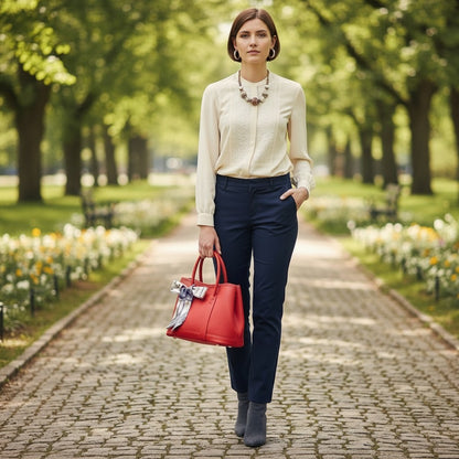 Legacy Luxe red leather-like tote bag with silk scarf bow detail, structured silhouette, and double handles.