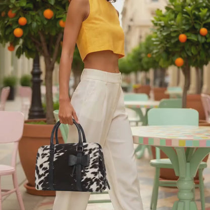 Cowhide Leather Satchel Bag With Bow Accent