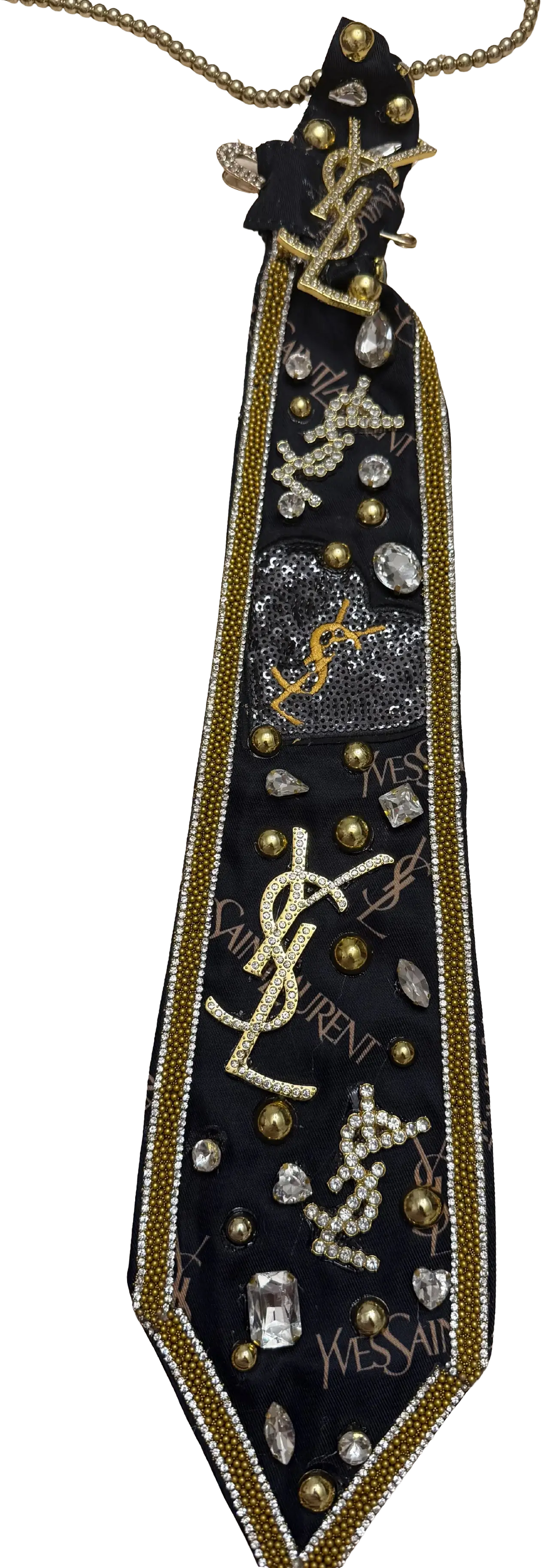 Legacy Luxe Couture Tie – Midnight Gold Crystal & Rhinestone Tie adorned with rhinestones and gold accents.