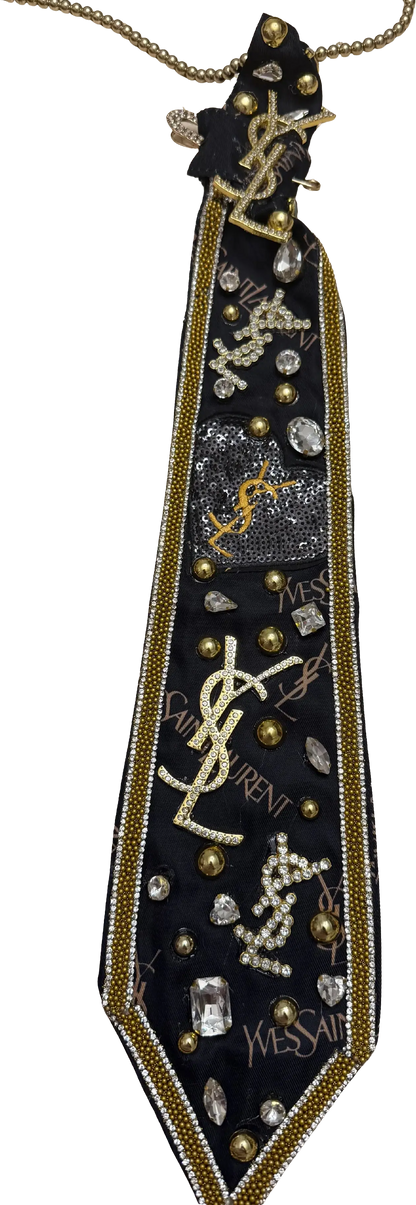 Legacy Luxe Couture Tie – Midnight Gold Crystal & Rhinestone Tie adorned with rhinestones and gold accents.