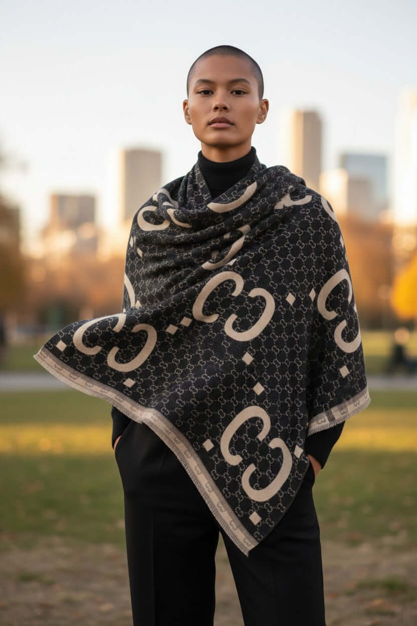 Model showcasing the Legacy Luxe Icon Weave Wrap in a stylish outdoor setting, highlighting its elegance and versatility.